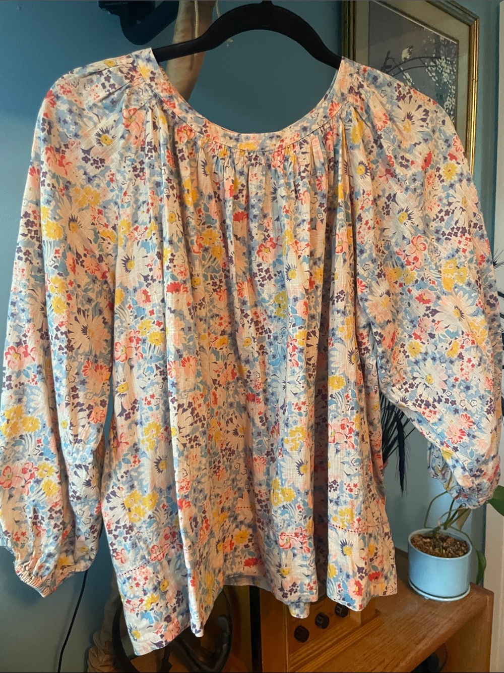 THE GREAT. Floral Peasant Blouse in Light Blue with Yellow & Pink Accents